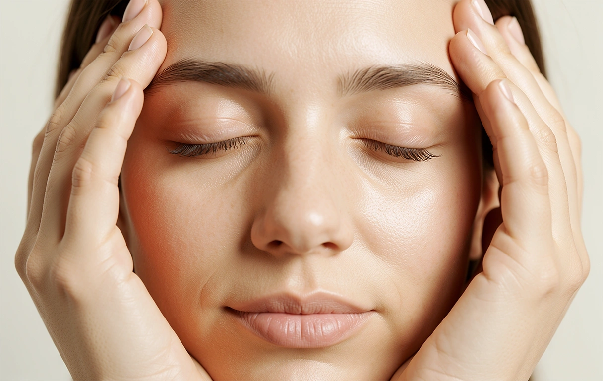 Hands cupped over eyes for palming relaxation